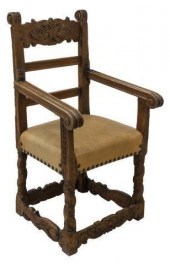SPANISH CARVED OAK & PINE LEATHER SEAT