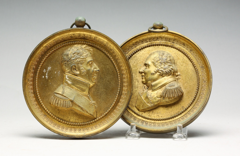TWO BRASS RELIEF PORTRAIT MEDALLIONS  3bf94f