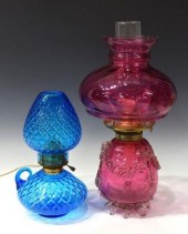 (2) VICTORIAN ART GLASS OIL LAMP & TABLE