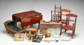 GROUPING OF MINIATURES AND DOLL FURNITURE.
