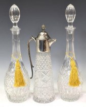 (3) CUT CRYSTAL DECANTERS & SILVERPLATE