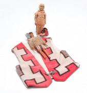 FOUR DOLLS AND A NAVAJO BLANKET VEST.