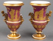 SPODE HAND PAINTED AND GILT URNS, PAIR