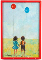 SIGNED OIL ON BOARD CHILDREN WITH BALLOONS