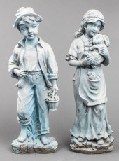 LAWN SCULPTURES OF BOY AND GIRL, PAIR