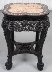 CHINESE CARVED HARDWOOD AND MARBLE TABLE