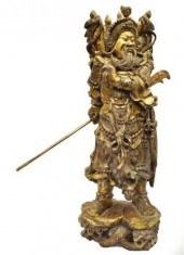 CHINESE CARVED & GILT GUAN YU WARRIOR