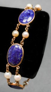 VICTORIAN 14K YELLOW GOLD LAPIS & PEARL