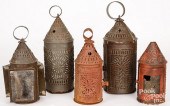 FIVE PUNCHED TIN LANTERNS, 19TH C.Five