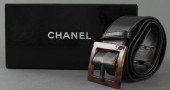CHANEL BLACK LEATHER LOGO BELT Chanel