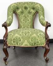 AMERICAN ROCOCO DAMASK UPHOLSTERED ARMCHAIR