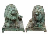 LARGE PATINATED BRONZE STATUES OF LIONS,