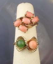 TWO PINK CORAL AND YELLOW GOLD RINGSTWO