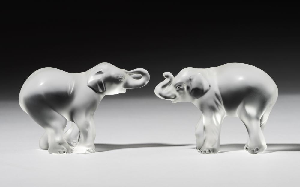 TWO LALIQUE FROSTED GLASS ELEPHANT
