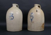 PAIR OF BLUE DECORATED 3 GALLON STONEWARE
