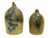(2) BLUE DECORATED STONEWARE JUGS. 19TH-CENTURY.To