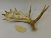 SCRIMSHAW ANTLER AND WHALE TOOTH. 20TH