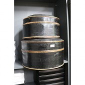 Two large black lacquer hat boxes, approx