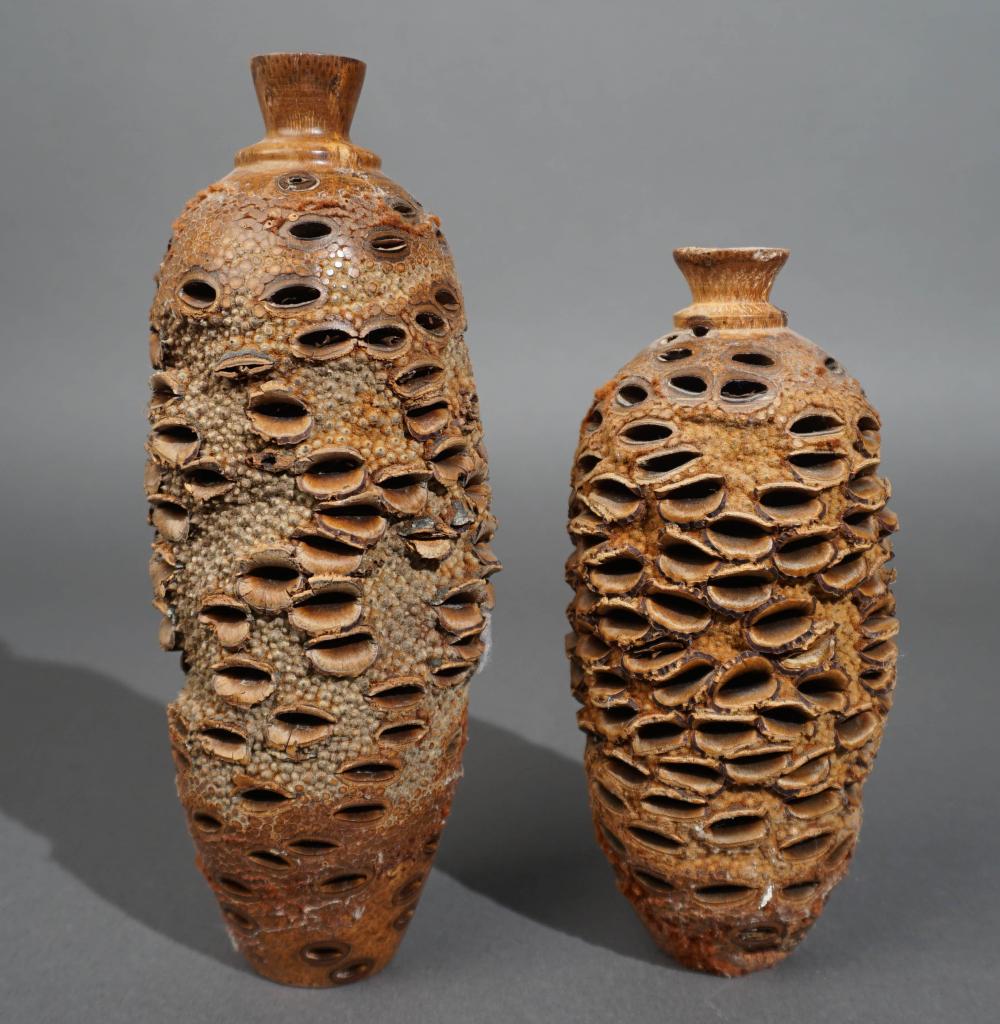 TWO CARVED WOOD VASES, H OF TALLER: