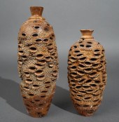 TWO CARVED WOOD VASES H OF TALLER  3c7061