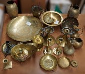 COLLECTION OF CHASED BRASS VASES, PLATE,
