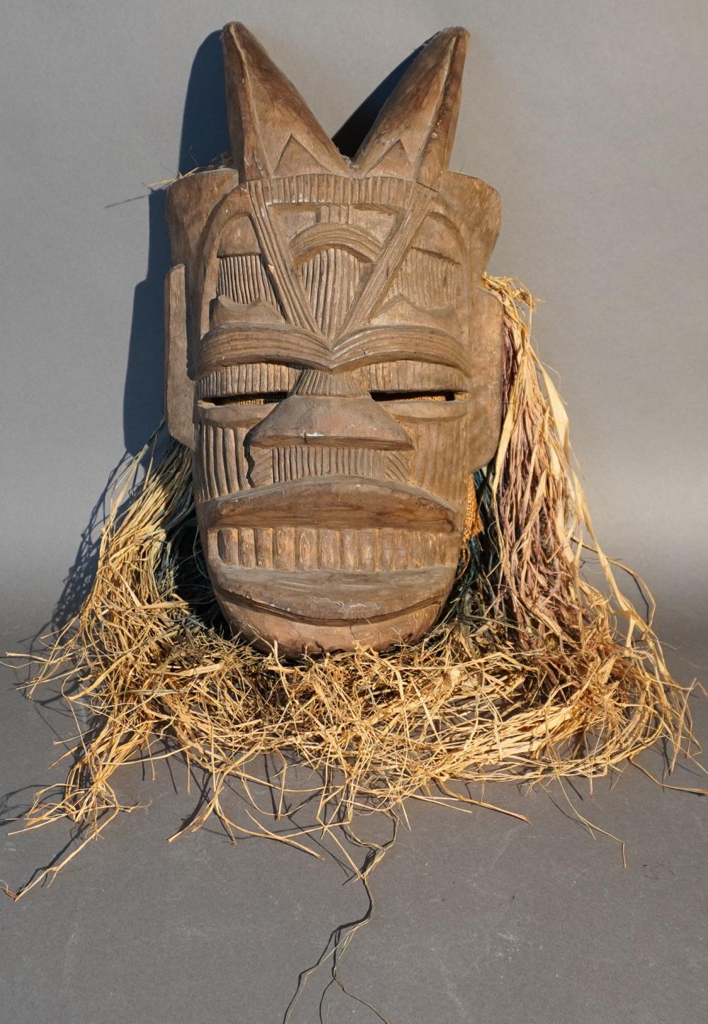 AFRICAN CARVED WOOD AND STRAW MASK,