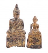 (2) Thai Buddha carved wood figurines,