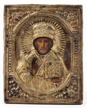 Russian oklad icon of St Nicholas, silvered