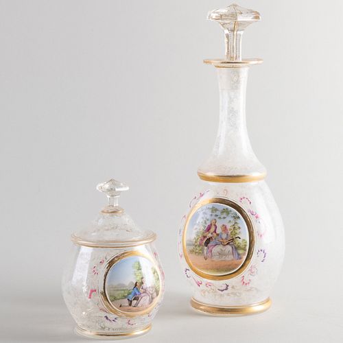 FRENCH ENAMELED GLASS DECANTER