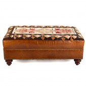 LEATHER OTTOMAN WITH NAVAJO RUG 20th