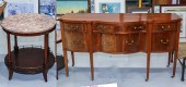 A MARBLE TOP ROUND TABLE & SIDEBOARD