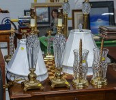 A PAIR OF WATERFORD LAMPS & HURRICANE