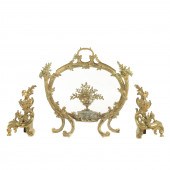 A PAIR OF FRENCH BRASS ANDIRONS & FIRE