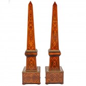 A PAIR OF FRENCH STYLE INLAID WOOD OBELISKS