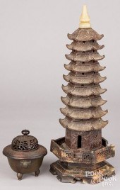 CHINESE CARVED HARDSTONE PAGODA AND