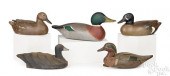 FIVE CARVED AND PAINTED DUCK DECOYSFive