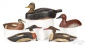 FIVE CARVED AND PAINTED DUCK DECOYSFive