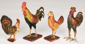 FOUR CARVED AND PAINTED ROOSTERS, LATE