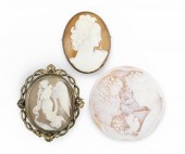 3 VICTORIAN CAMEO BROOCH PINS AND PLAQUES