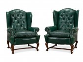 NEAR PAIR GREEN LEATHER WINGBACK CHAIRS