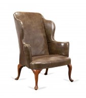QUEEN ANNE STYLE LEATHER WINGBACK CHAIR