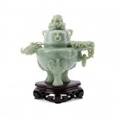 CHINESE CARVED JADE BIXIE CENSER, W/
