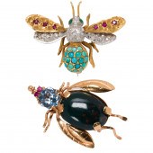 TWO GEMSTONE AND GOLD INSECT BROOCHES