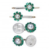 A CULTURED PEARL, EMERALD AND 14K WHITE
