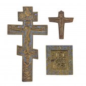 THREE RUSSIAN BRASS ICONS WITH ENAMEL