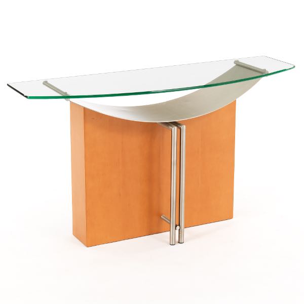 CONTEMPORARY GLASS AND TEAK CONSOLE