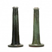 A PAIR OF NORTH STATE POTTERY CANDLESTICKS