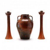 JUGTOWN POTTERY VASE AND CANDLESTICKS