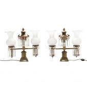 PAIR OF DOUBLE ARM BRASS AND DROP PRISM