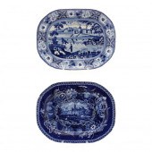 TWO BLUE AND WHITE TRANSFER PLATTERS